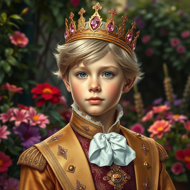 A realistic portrait of a young white boy with blonde hair, dressed elegantly as a duke