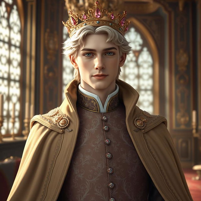 A realistic image of a 24-year-old white male with blonde hair, dressed as a duke