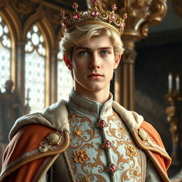 A realistic image of a 24-year-old white male with blonde hair, dressed as a duke