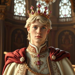 A realistic image of a 24-year-old white male with blonde hair, dressed as a duke