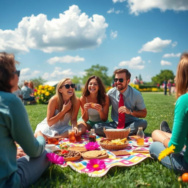 A vibrant outdoor scene during a sunny day, featuring a group of friends enjoying a picnic on a green lawn