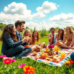 A vibrant outdoor scene during a sunny day, featuring a group of friends enjoying a picnic on a green lawn
