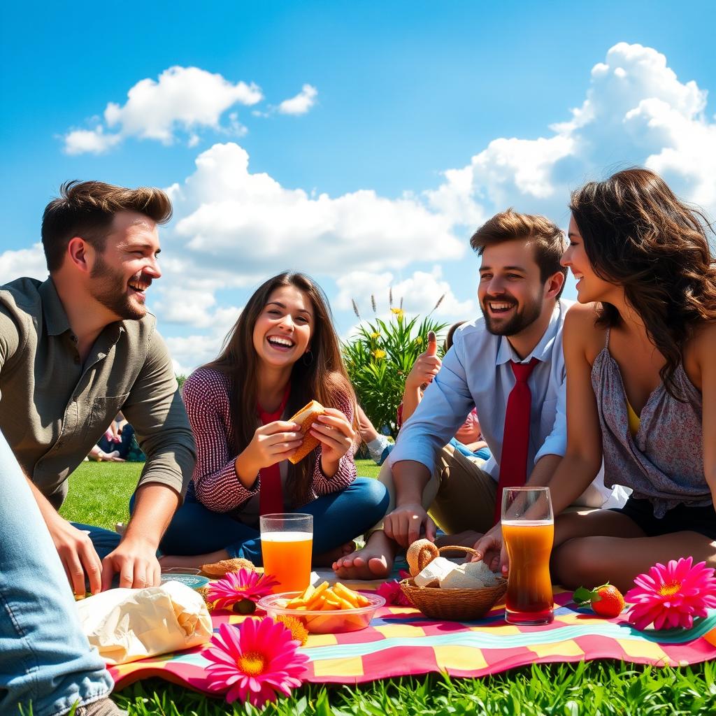 A vibrant outdoor scene during a sunny day, featuring a group of friends enjoying a picnic on a green lawn