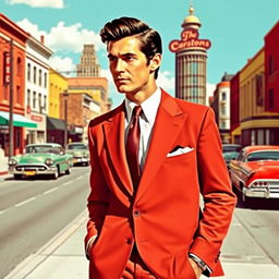 A stylish man from the 1960s, dressed in a tailored suit with wide lapels, complete with a skinny tie and polished shoes