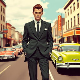 A stylish man from the 1960s, dressed in a tailored suit with wide lapels, complete with a skinny tie and polished shoes