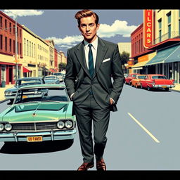 A stylish man from the 1960s, dressed in a tailored suit with wide lapels, complete with a skinny tie and polished shoes
