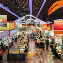 A large, attractively decorated food court packed with diverse, affordable food stalls, catering for an event. The atmosphere is lively with efficiently designed spaces for patrons to comfortably enjoy