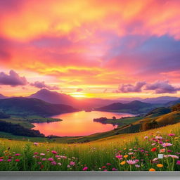 A stunning wall mural featuring an ethereal landscape at sunset, with vibrant hues of orange, pink, and purple blending together in the sky
