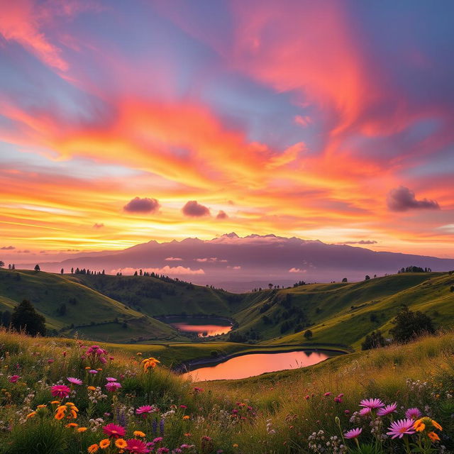 A stunning wall mural featuring an ethereal landscape at sunset, with vibrant hues of orange, pink, and purple blending together in the sky