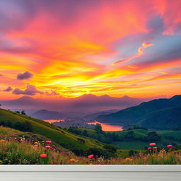 A stunning wall mural featuring an ethereal landscape at sunset, with vibrant hues of orange, pink, and purple blending together in the sky