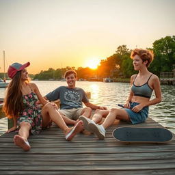 A lively teen drama scene set in a small, scenic town, featuring a group of close friends enjoying a sunny day at the dock by the water