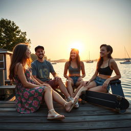 A lively teen drama scene set in a small, scenic town, featuring a group of close friends enjoying a sunny day at the dock by the water