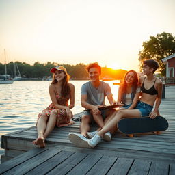 A lively teen drama scene set in a small, scenic town, featuring a group of close friends enjoying a sunny day at the dock by the water