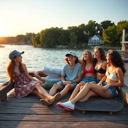 A lively teen drama scene set in a small, scenic town, featuring a group of close friends enjoying a sunny day at the dock by the water