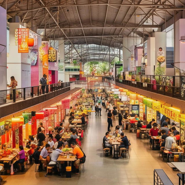 A large, attractively decorated food court packed with diverse, affordable food stalls, catering for an event. The atmosphere is lively with efficiently designed spaces for patrons to comfortably enjoy