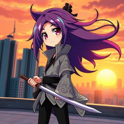 A stylized anime character with vibrant colors, large expressive eyes, and dynamic hair flowing in the wind