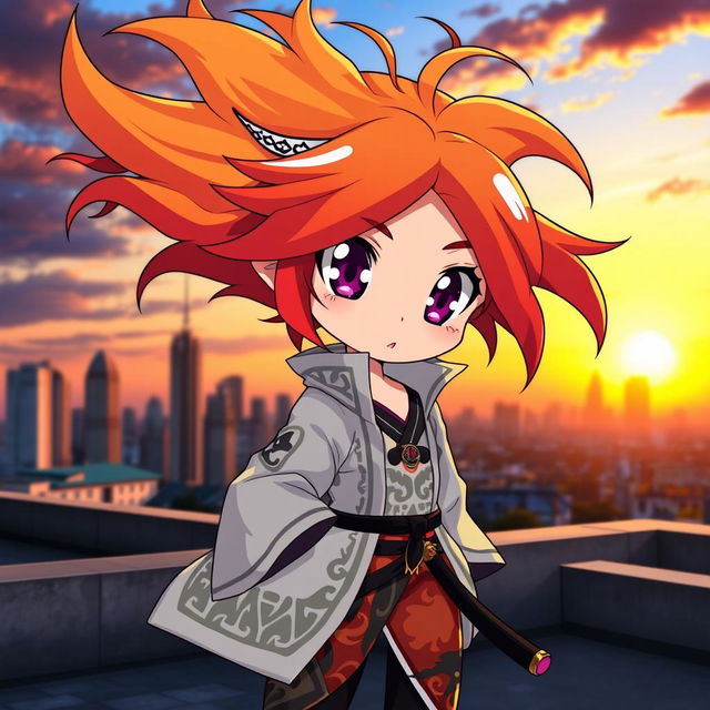 A stylized anime character with vibrant colors, large expressive eyes, and dynamic hair flowing in the wind