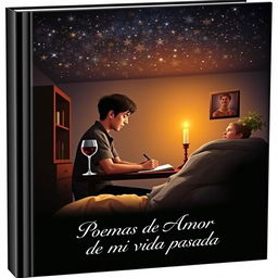 A book cover depicting a young man seated at his desk in his room, deeply focused on writing