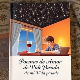 A book cover depicting a young man seated at his desk in his room, deeply focused on writing