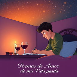 A book cover illustration depicting a young man intently writing at his desk in his cozy bedroom