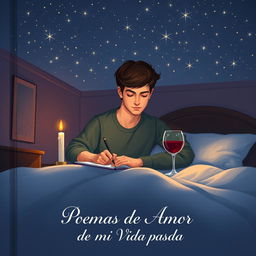 A book cover illustration depicting a young man intently writing at his desk in his cozy bedroom