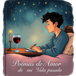 A book cover illustration depicting a young man intently writing at his desk in his cozy bedroom