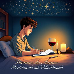 A book cover illustration depicting a young man intently writing at his desk in his cozy bedroom