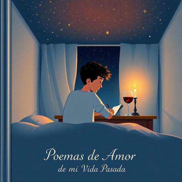 A book cover illustration featuring a young man seated at his desk in his room, carefully writing