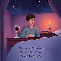 A book cover illustration featuring a young man seated at his desk in his room, carefully writing