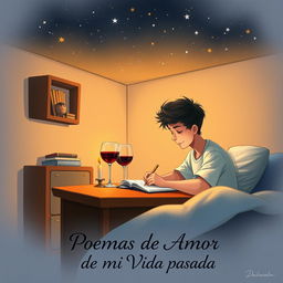 A book cover illustration featuring a young man seated at his desk in his room, carefully writing