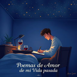 A book cover illustration featuring a young man seated at his desk in his room, carefully writing