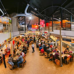 A large, attractively decorated food court packed with diverse, affordable food stalls, catering for an event. The atmosphere is lively with efficiently designed spaces for patrons to comfortably enjoy