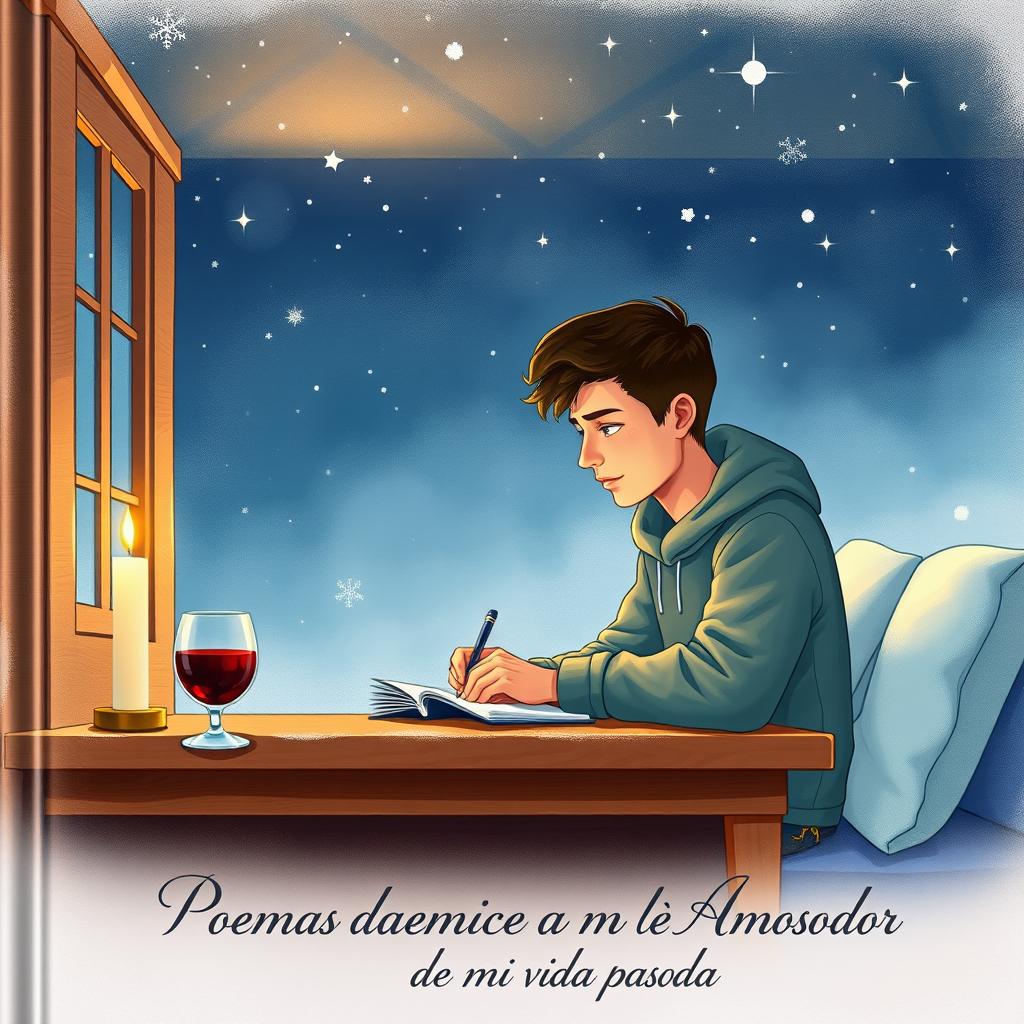 A book cover illustration depicting a young man writing intently at his desk in his cozy bedroom during winter