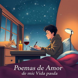A book cover illustration depicting a young man writing intently at his desk in his cozy bedroom during winter