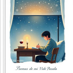 A book cover illustration depicting a young man writing intently at his desk in his cozy bedroom during winter