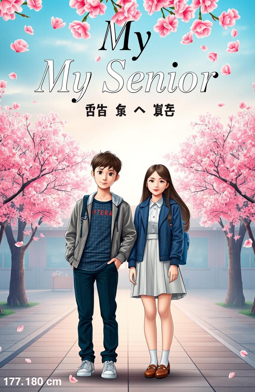 A striking book cover featuring a 17-year-old sturdy man, 180 cm tall, standing confidently beside a beautiful 18-year-old girl, 158 cm tall