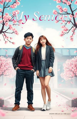 A striking book cover featuring a 17-year-old sturdy man, 180 cm tall, standing confidently beside a beautiful 18-year-old girl, 158 cm tall