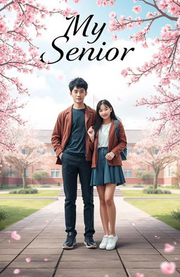 A striking book cover featuring a 17-year-old sturdy man, 180 cm tall, standing confidently beside a beautiful 18-year-old girl, 158 cm tall