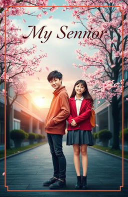 A striking book cover featuring a 17-year-old sturdy man, 180 cm tall, standing confidently beside a beautiful 18-year-old girl, 158 cm tall
