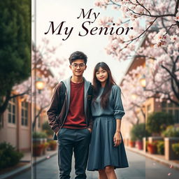A captivating book cover featuring a 17-year-old sturdy man, 179 cm tall, standing proudly next to a beautiful 18-year-old girl, 158 cm tall