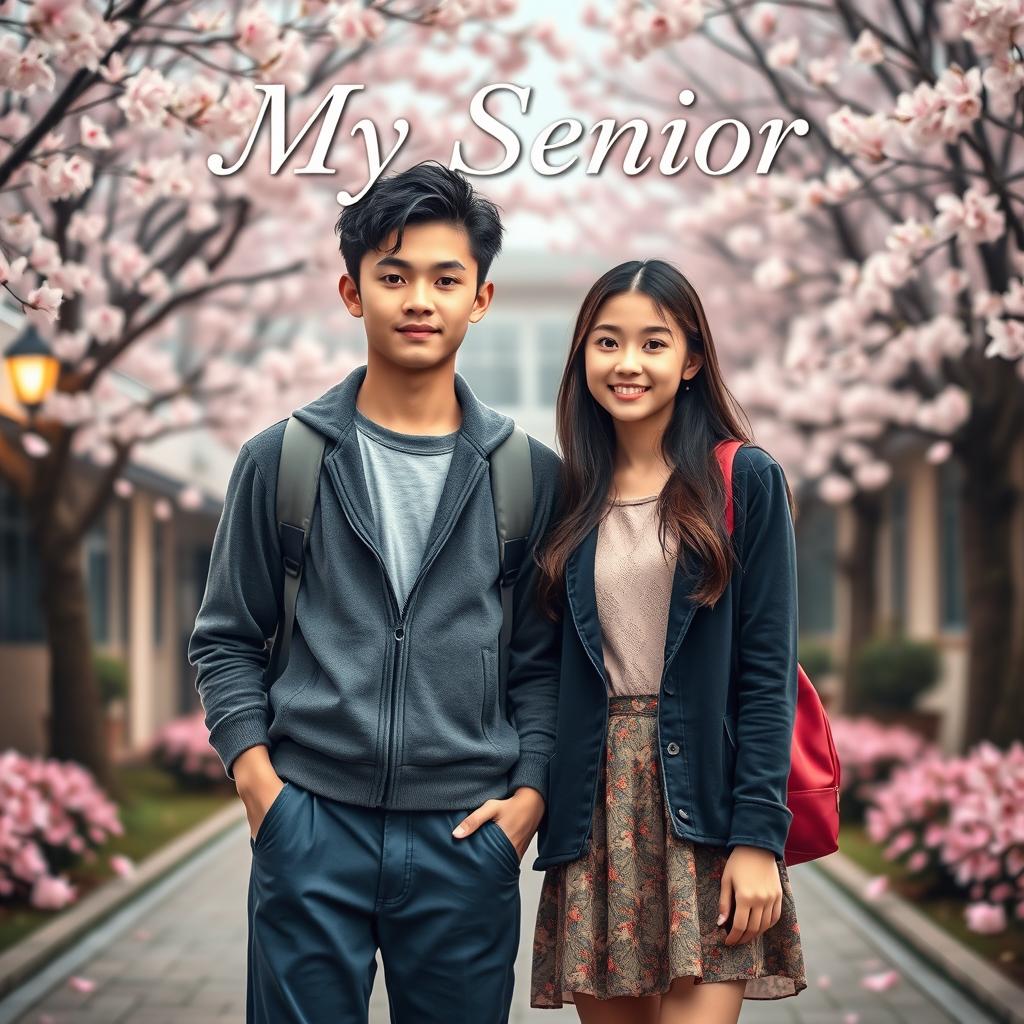 A captivating book cover featuring a 17-year-old sturdy man, 179 cm tall, standing proudly next to a beautiful 18-year-old girl, 158 cm tall