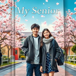 A captivating book cover featuring a 17-year-old sturdy man, 179 cm tall, standing proudly next to a beautiful 18-year-old girl, 158 cm tall