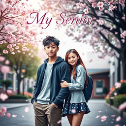 A captivating book cover featuring a 17-year-old sturdy man, 179 cm tall, standing proudly next to a beautiful 18-year-old girl, 158 cm tall
