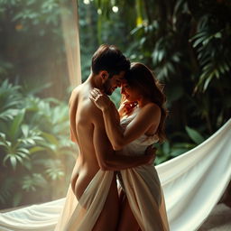 A sensual, warm atmosphere featuring an intimate couple embracing passionately under soft, diffused lighting