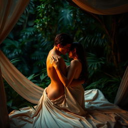 A sensual, warm atmosphere featuring an intimate couple embracing passionately under soft, diffused lighting