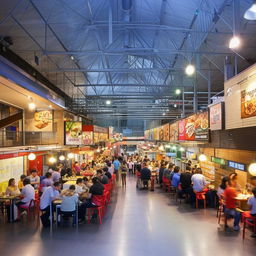 A large, attractively decorated food court packed with diverse, affordable food stalls, catering for an event. The atmosphere is lively with efficiently designed spaces for patrons to comfortably enjoy