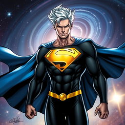 A comic superhero character, portrayed as a man wearing a sleek black suit that hugs his muscular frame