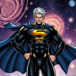A comic superhero character, portrayed as a man wearing a sleek black suit that hugs his muscular frame