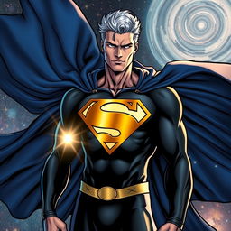 A comic superhero character, portrayed as a man wearing a sleek black suit that hugs his muscular frame