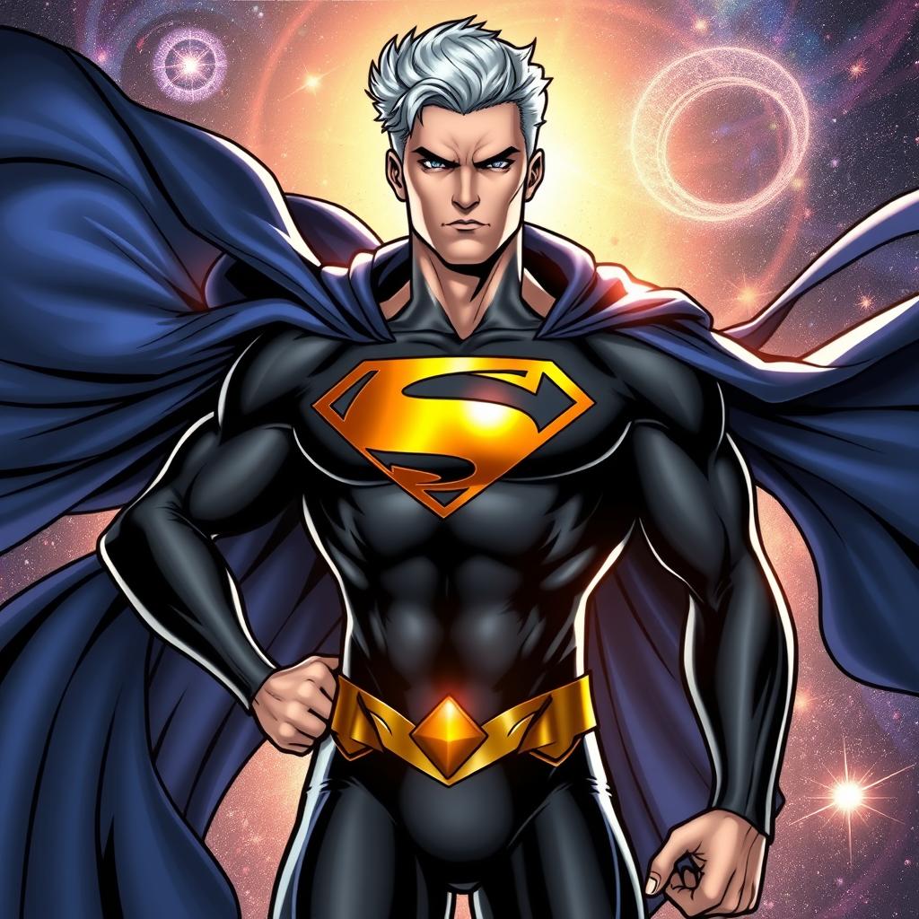 A comic superhero character, portrayed as a man wearing a sleek black suit that hugs his muscular frame
